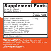 Supplement facts & ingredients image: Qunol Joint Health Turmeric boswellia collagen supplement facts 30 count