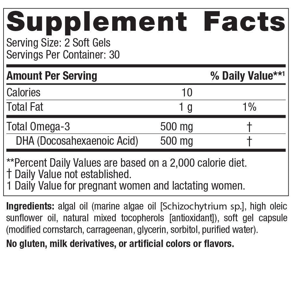 Nordic Naturals Vegan Prenatal DHA 500mg - 60 soft gel supplement facts.