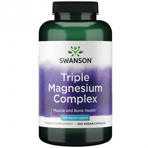 Front: Bottle of Swanson Triple Magnesium Complex 400 mg, 300 vegan capsules.