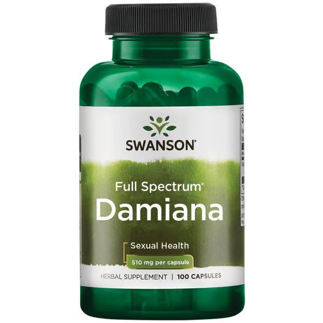 Swanson Full Spectrum Damiana 510mg 100 Capsules bottle on a white background