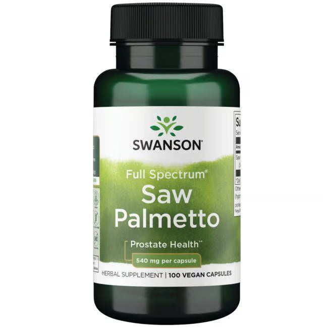 Swanson Full Spectrum Saw Palmetto 540mg 100 Vegan Capsules supplement bottle in a white background.