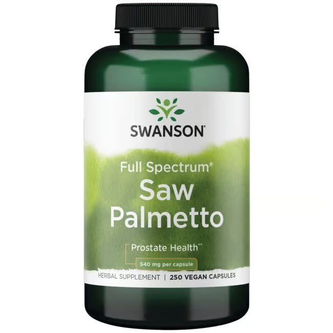 Swanson Full Spectrum Saw Palmetto 540mg 250 Vegan Capsules supplement bottle in a white background.