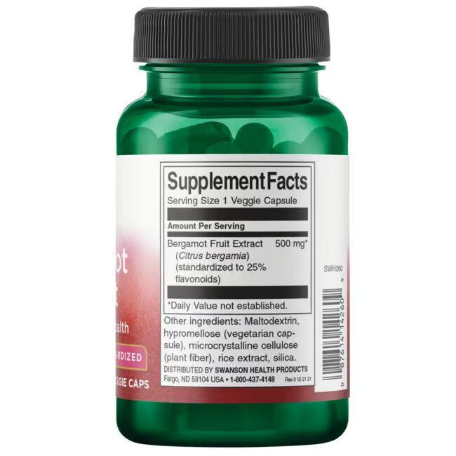Swanson Bergamot Extract 500mg 30 Veggie Capsules supplement bottle with label on a white background