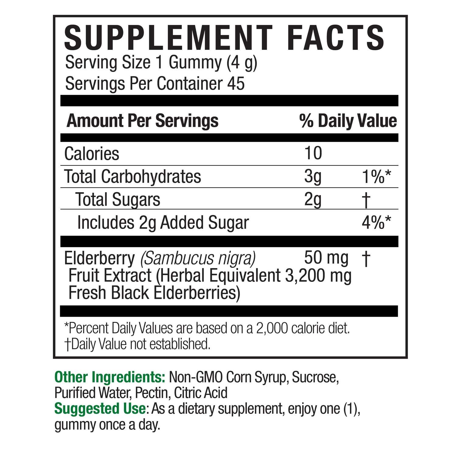 Nature’s Answer Sambucus elderberry gummies ingredient label 45 count back viewon a white background