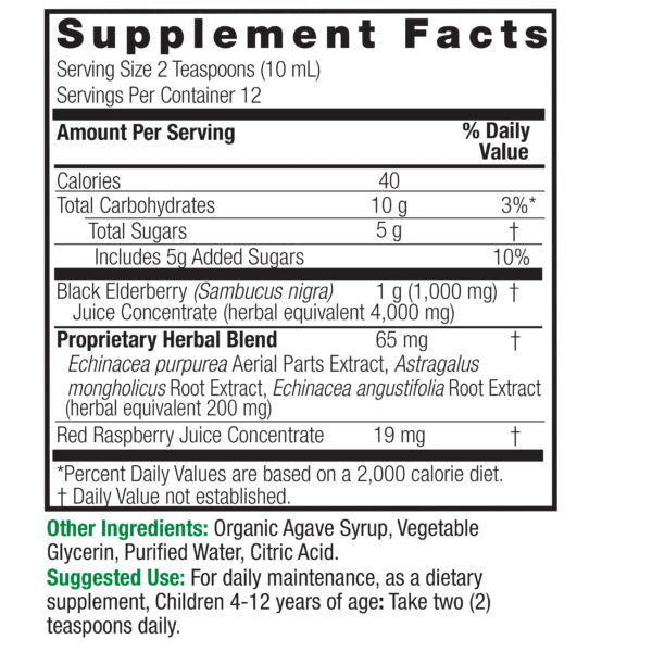 Nature’s Answer Sambucus Kids elderberry supplement facts 120ml bottle