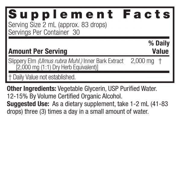 Nature’s Answer Slippery Elm supplement facts low alcohol 60ml back label