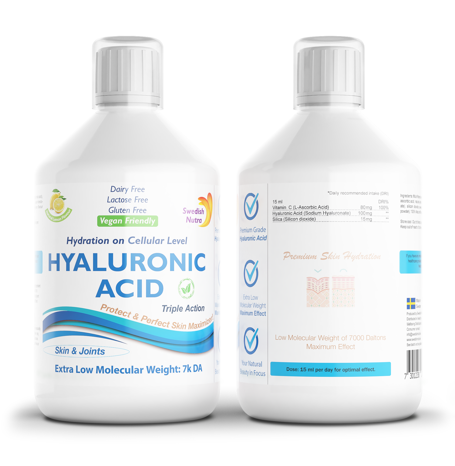 Swedish Nutra hyaluronic acid supplement facts ingredients 500ml bottle