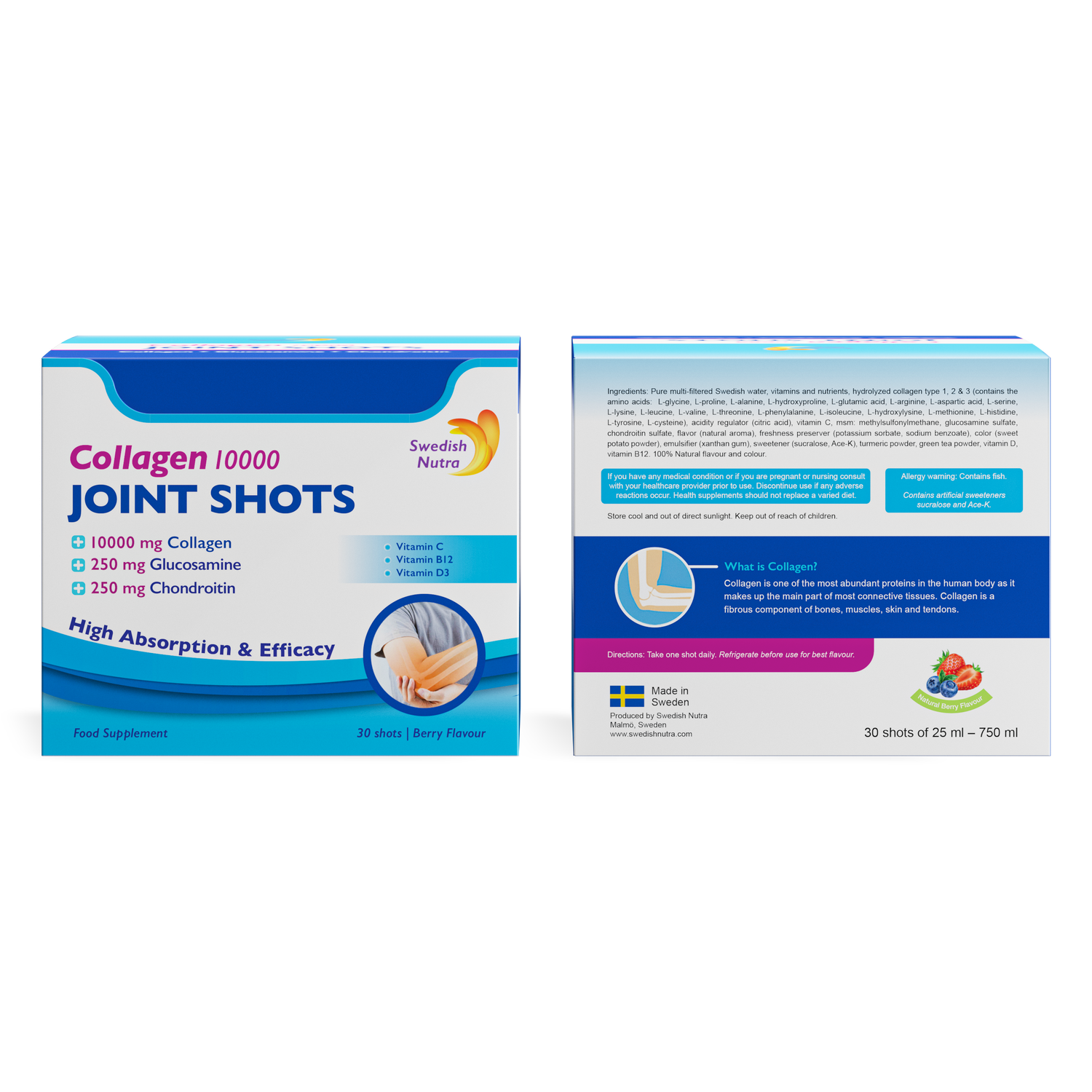 Swedish Nutra Joint Collagen Shots 10000mg Berry 30 x 25ml front & back
