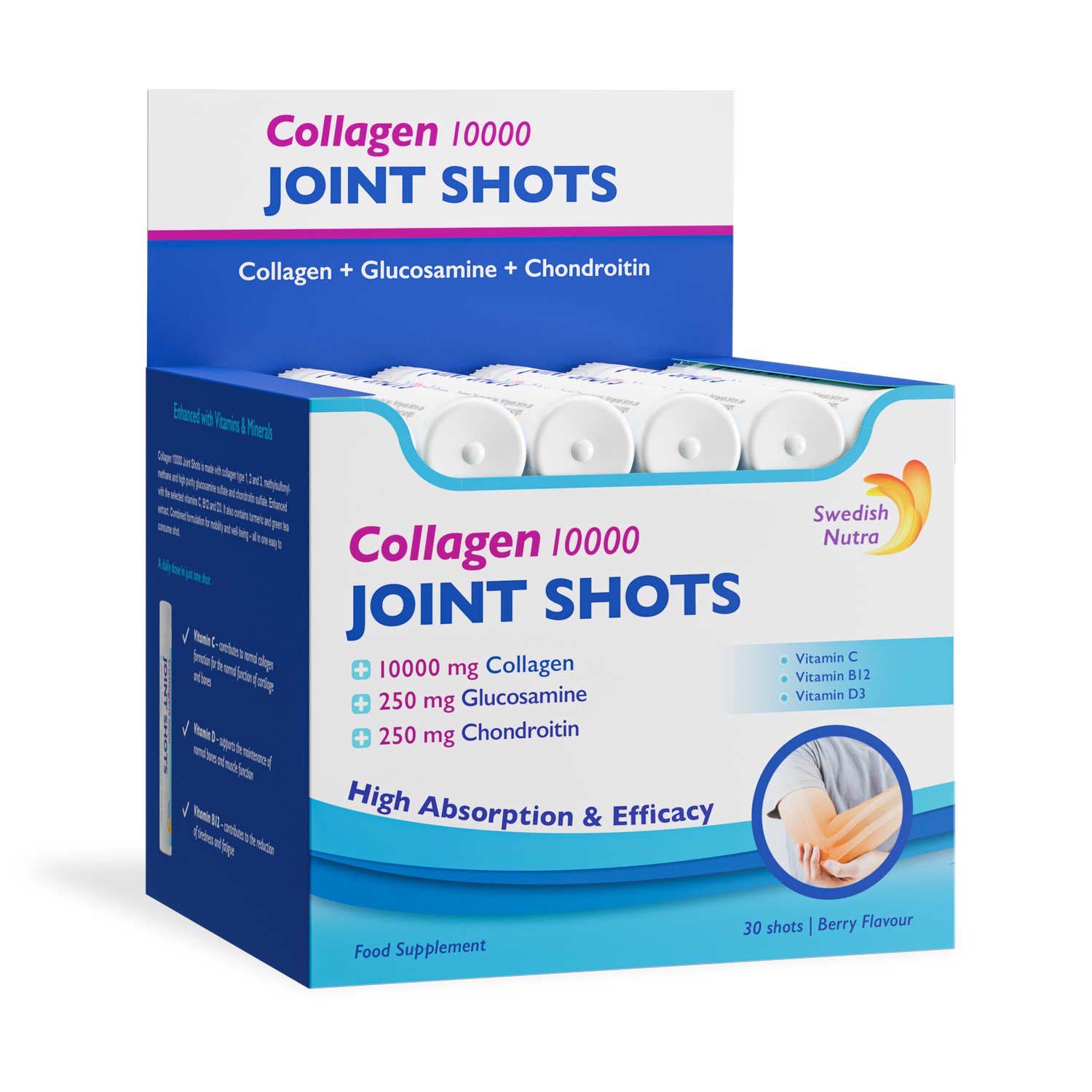 Front image: Swedish Nutra collagen joint shots 10000mg 30 x 25ml pack