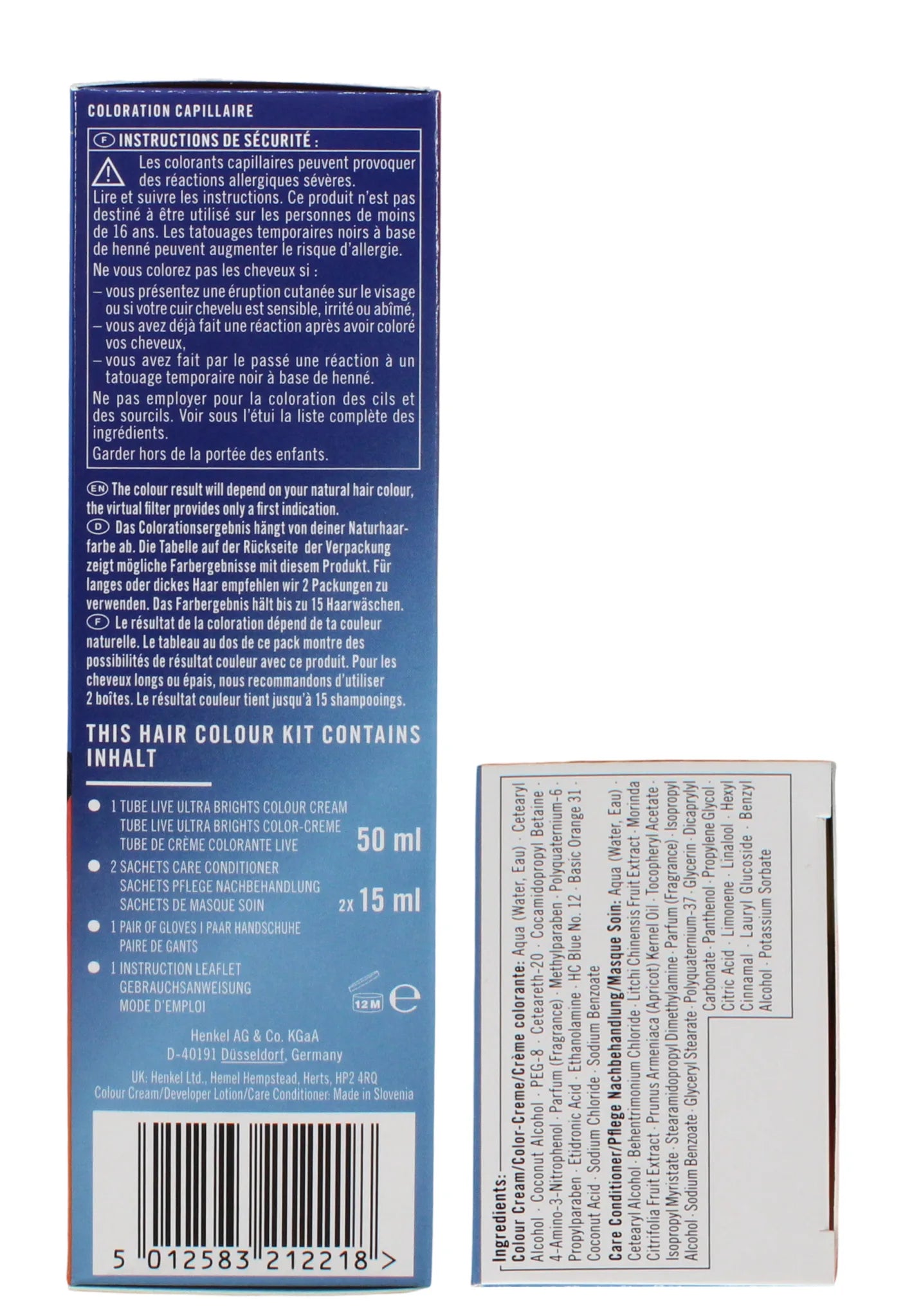 Schwarzkopf LIVE Ultra Brights 085 Vibrant Orange hair dye kit barcode packaging