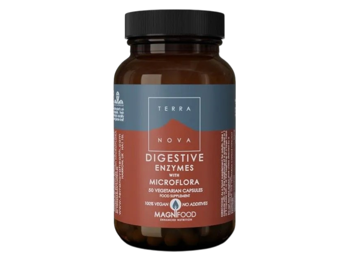 Front image: Terranova Digestive Enzyme Complex capsules bottle vegan 50 count