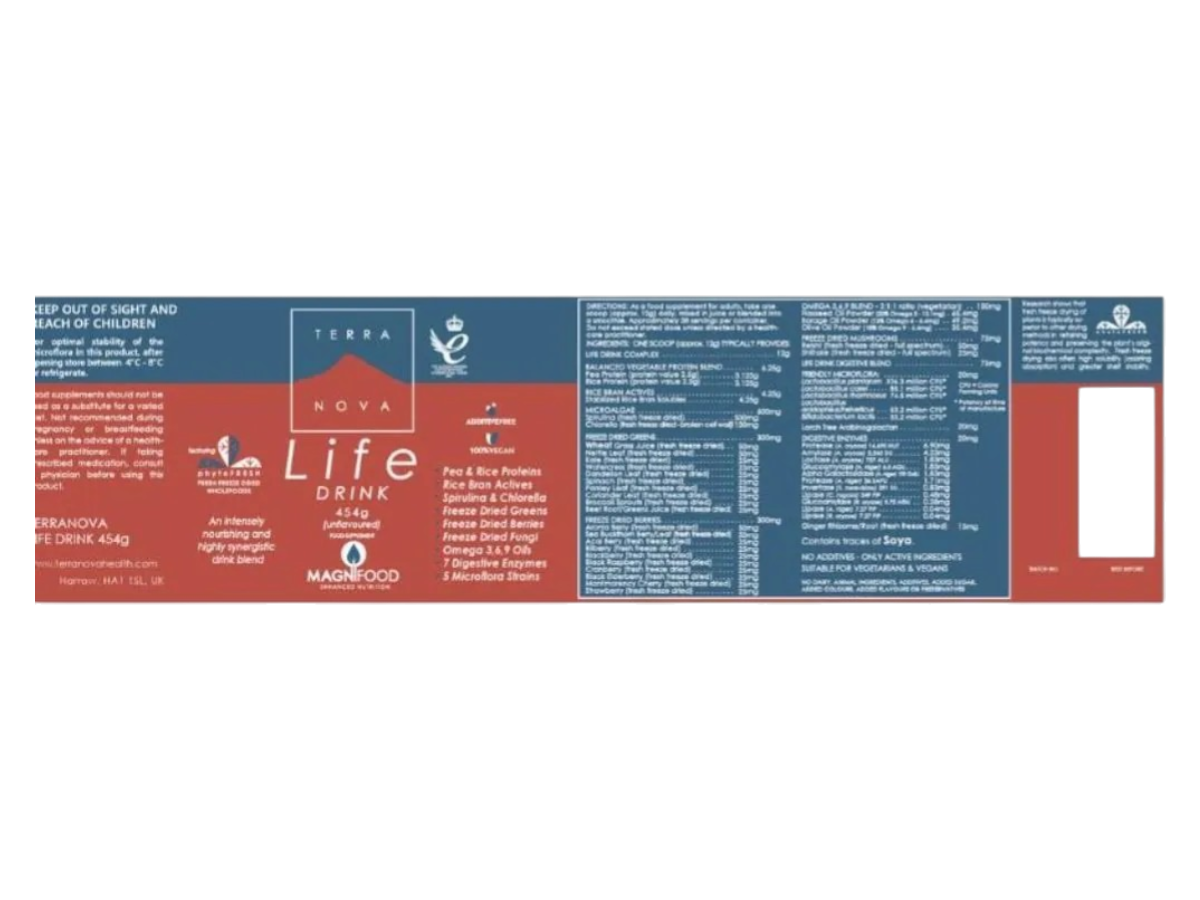 Supplement facts & ingredients image: Terranova Life Drink powder supplement facts ingredients vegan 454g