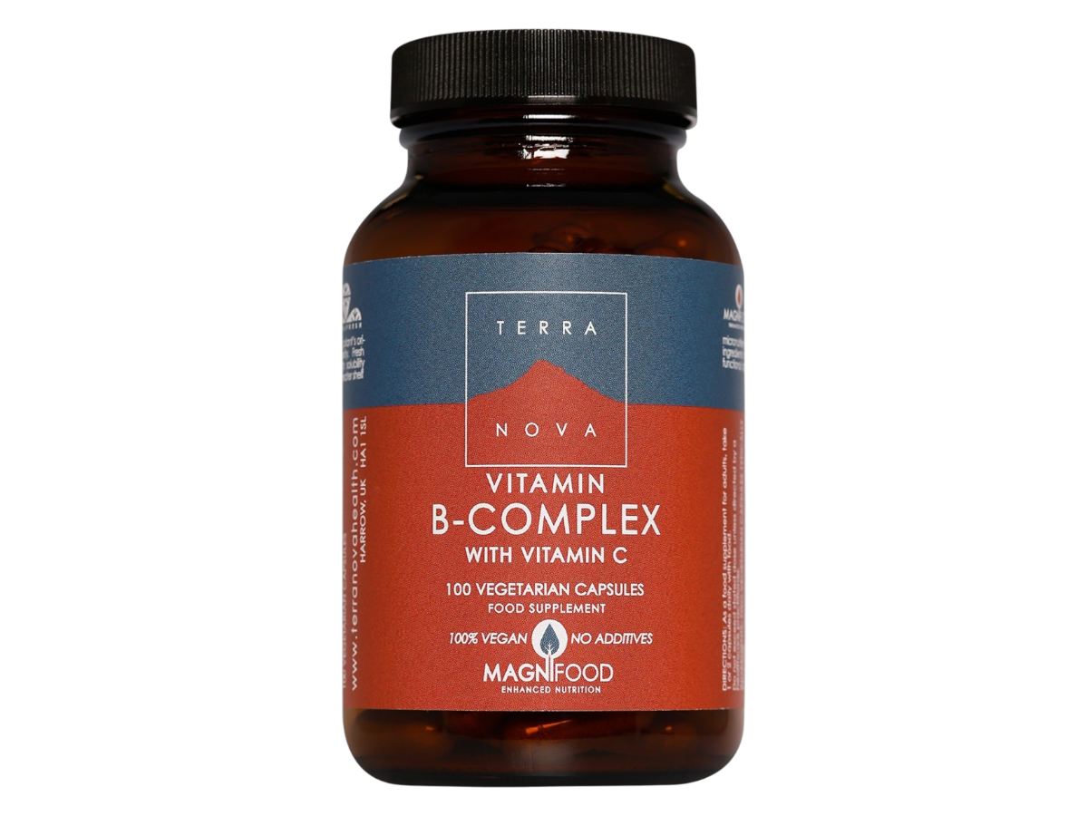 Front image: Terranova B-Complex with Vitamin C capsules bottle vegan 100 count