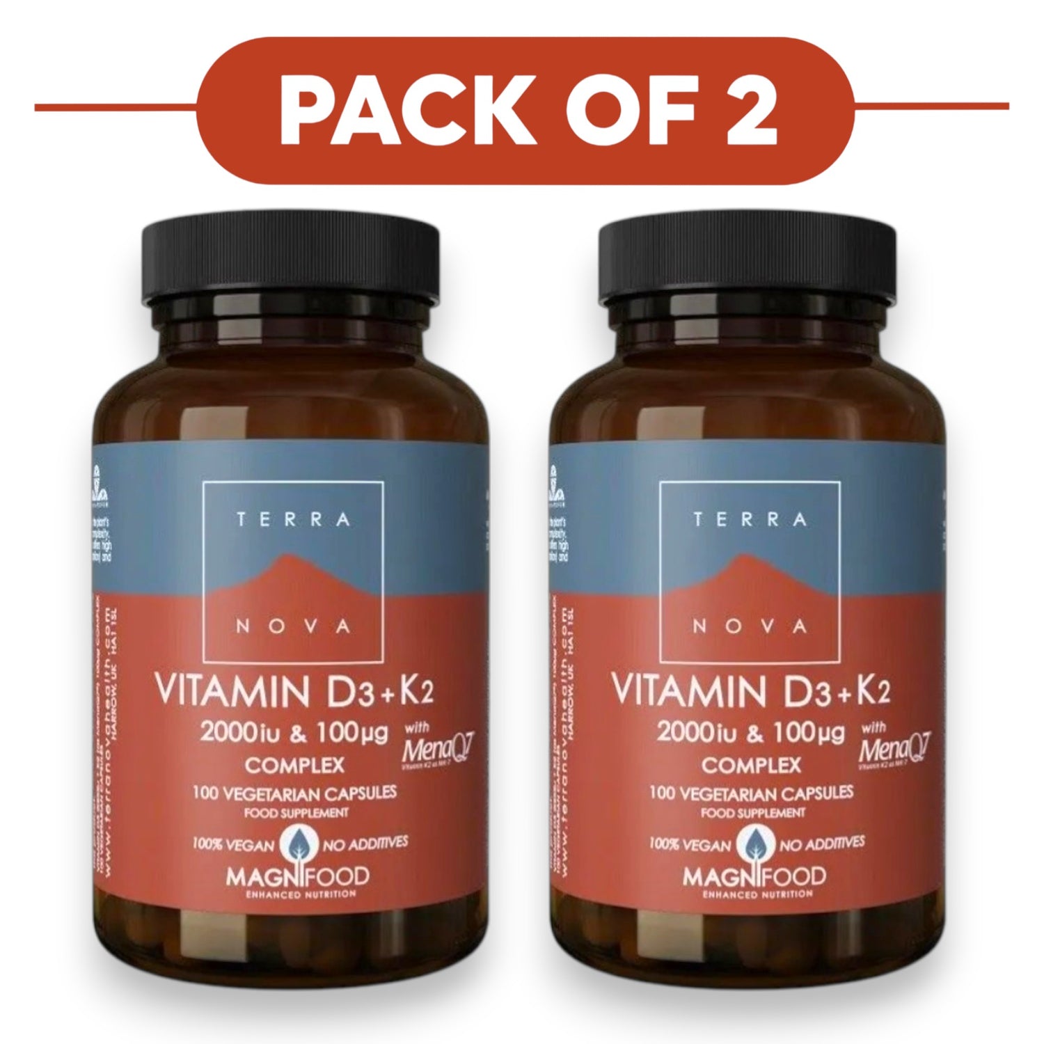 Terranova Vitamin D3 + K2 Complex 100 Vegetarian Capsules Pack of 2