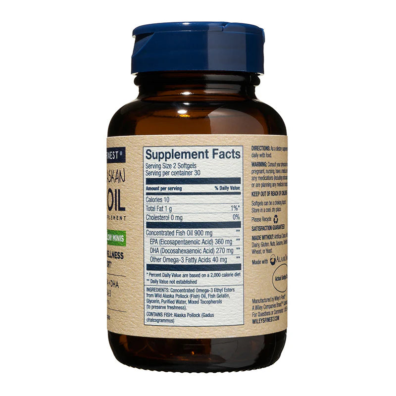 Supplement Facts & Ingredients Image: Wiley's Finest fish oil minis omega-3 ingredients label 180 softgels bottle