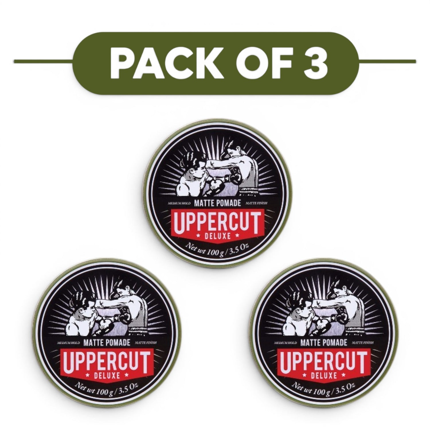 Uppercut Deluxe Matte Pomade 100g tin medium hold matte styling product 3 packs
