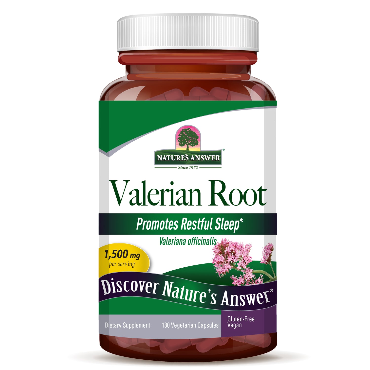 Nature’s Answer Valerian Root Capsules 1500mg 180 vegetarian capsules bottle front view on a white background
