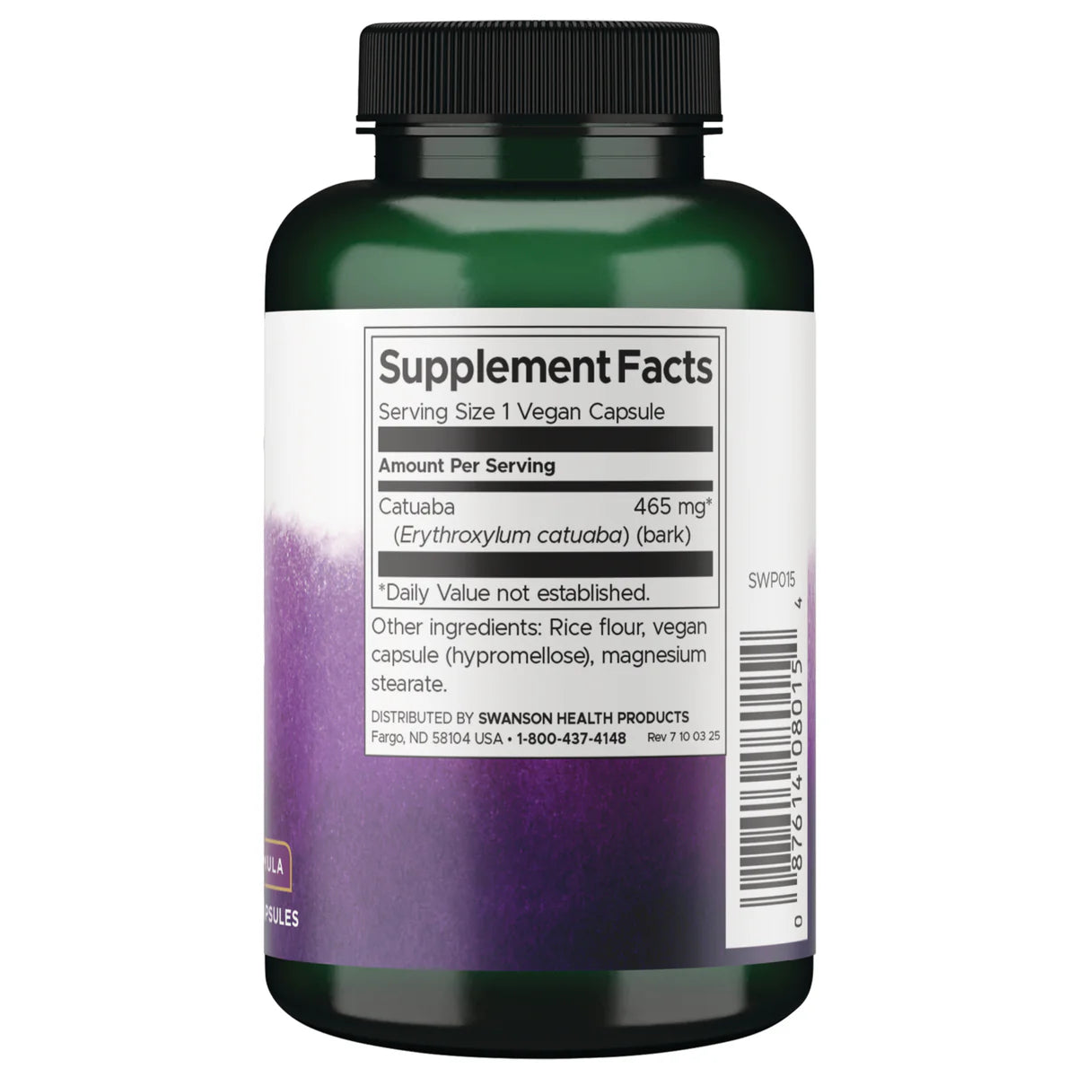 Back: Supplement facts label for Swanson Full Spectrum Catuaba Bark 465mg 120 Vegan Capsules Pack of 2