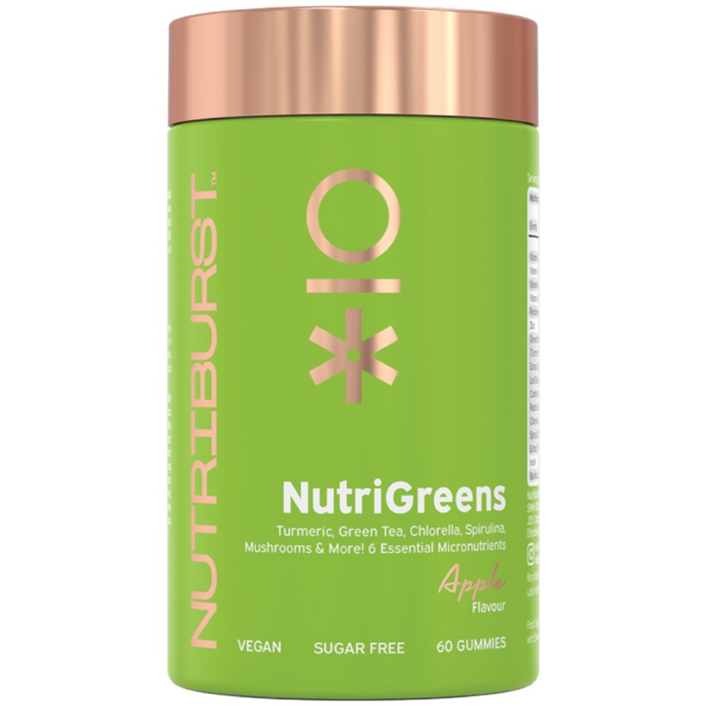 Nutriburst NutriGreens Gummies bottle, apple flavour, 60 count superfood supplement.