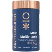 A blue cylindrical bottle of Nutriburst Men's Multivitamin gummies with a metallic rose gold cap, on a plain white background.