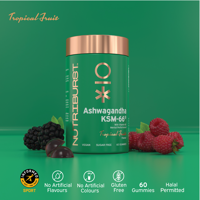 Nutriburst Ashwagandha KSM-66 Gummies bottle, tropical flavour, 60 count.