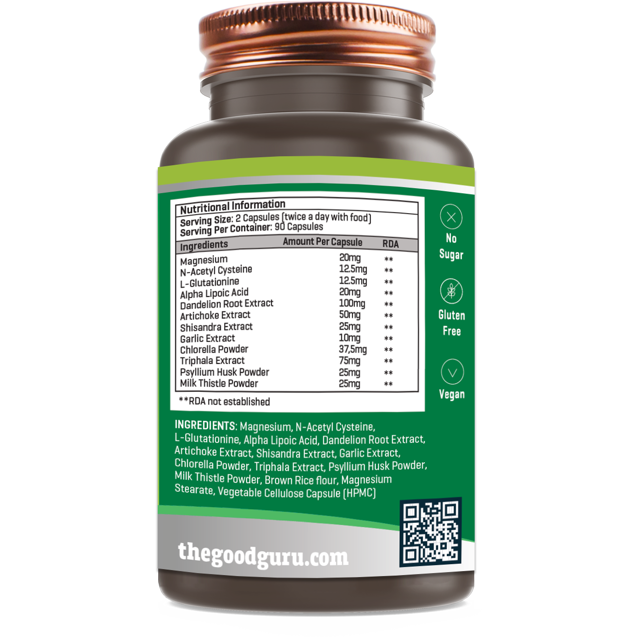 Supplement facts label for The Good Guru Digestive Wellness herbal blend, 90 count.