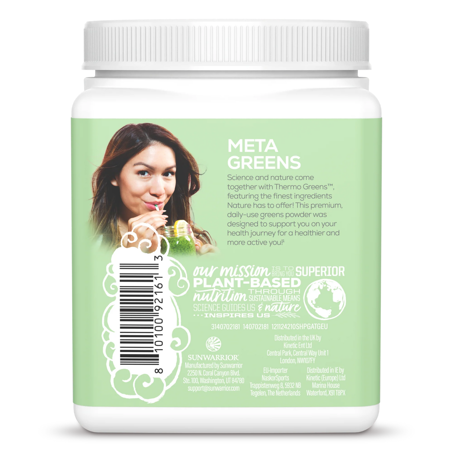 Sunwarrior Shape Thermo Greens green apple powder supplement tub barcode packaging 210g