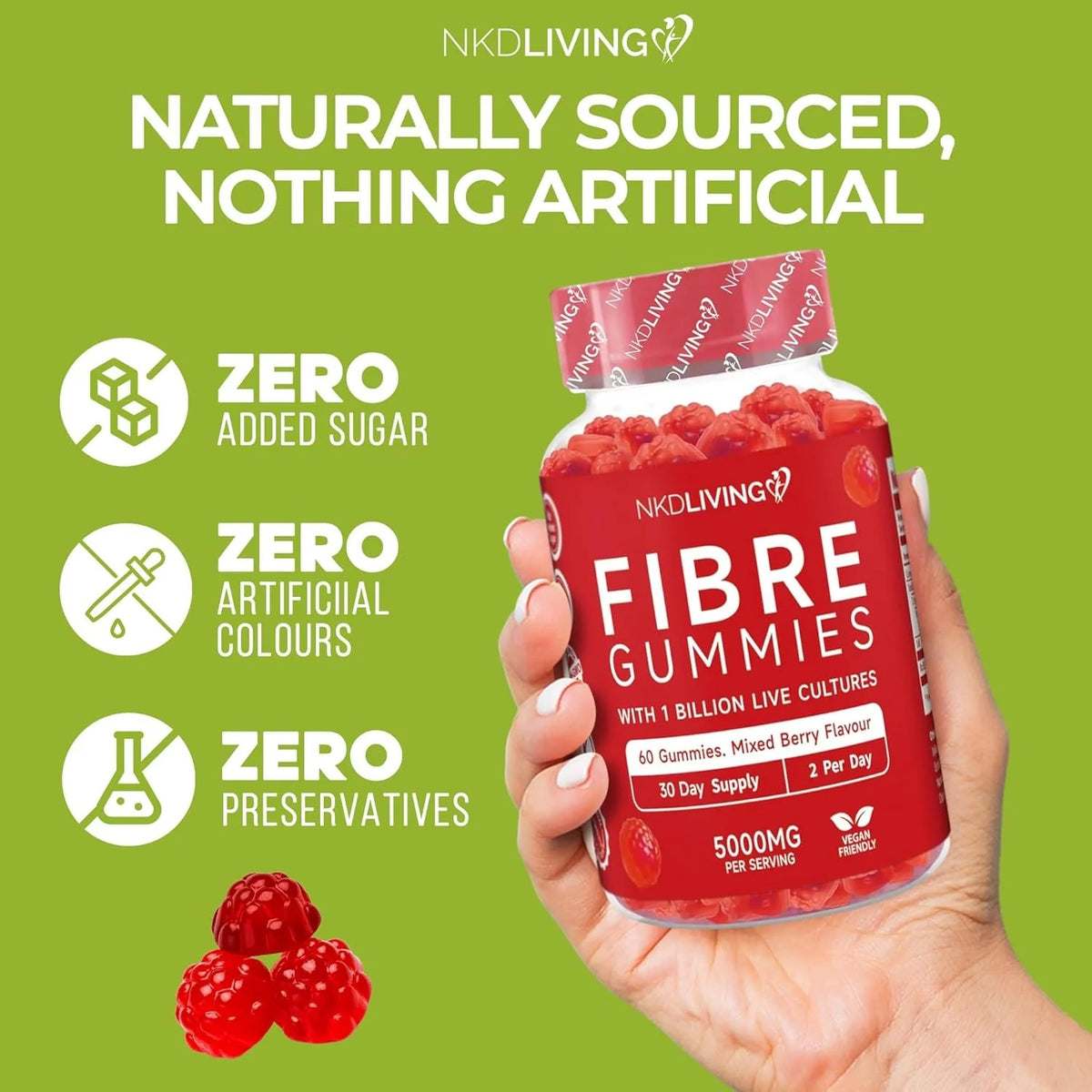 NKD Living Inulin Fibre Gummies Mixed Berry resealable pouch 60 gummies lifestyle use