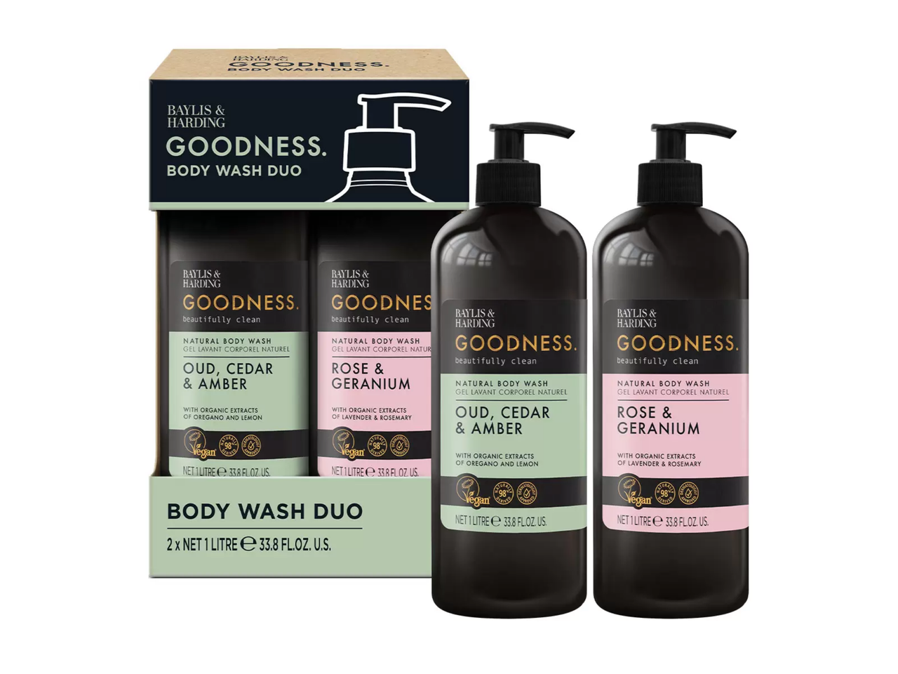 Baylis & Harding Body Wash Duo Oud Cedar Amber & Rose Geranium – 2 x 1L