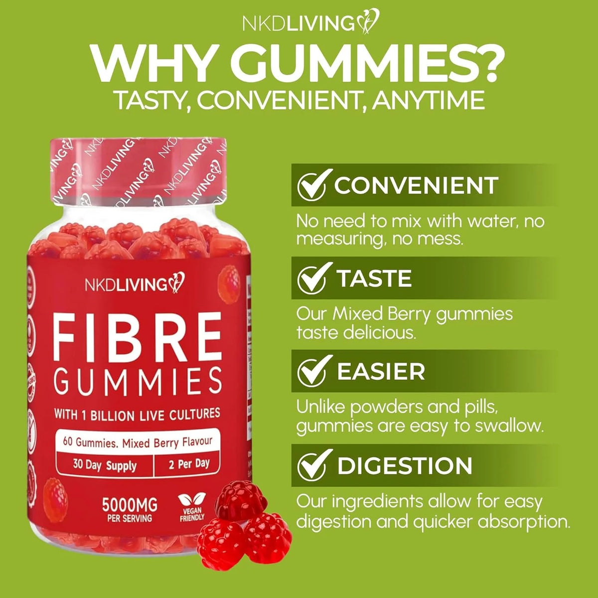 NKD Living Inulin Fibre Gummies Mixed Berry resealable pouch 60 gummies lifestyle use