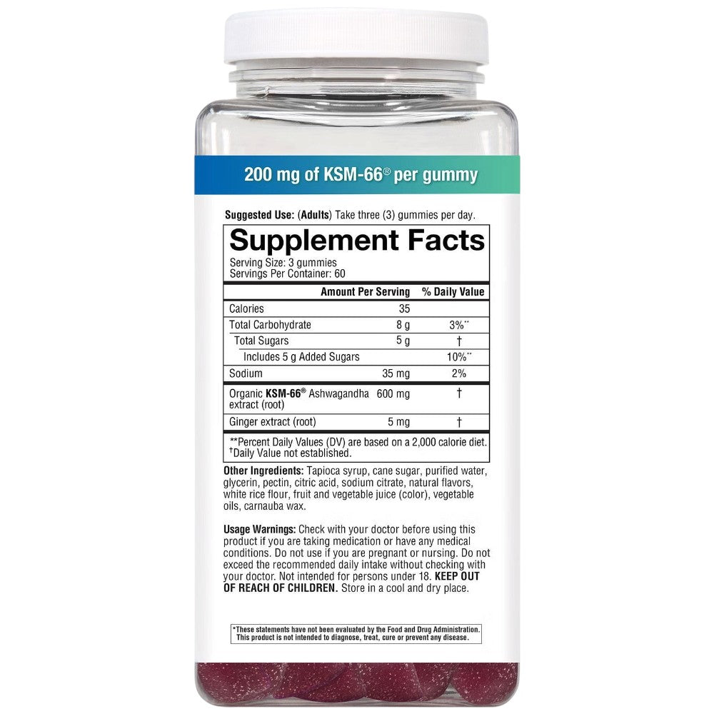 Youtheory Ashwagandha KSM-66 mixed berry flavoured gummies 200mg 180 count bottle ingredients and supplement facts