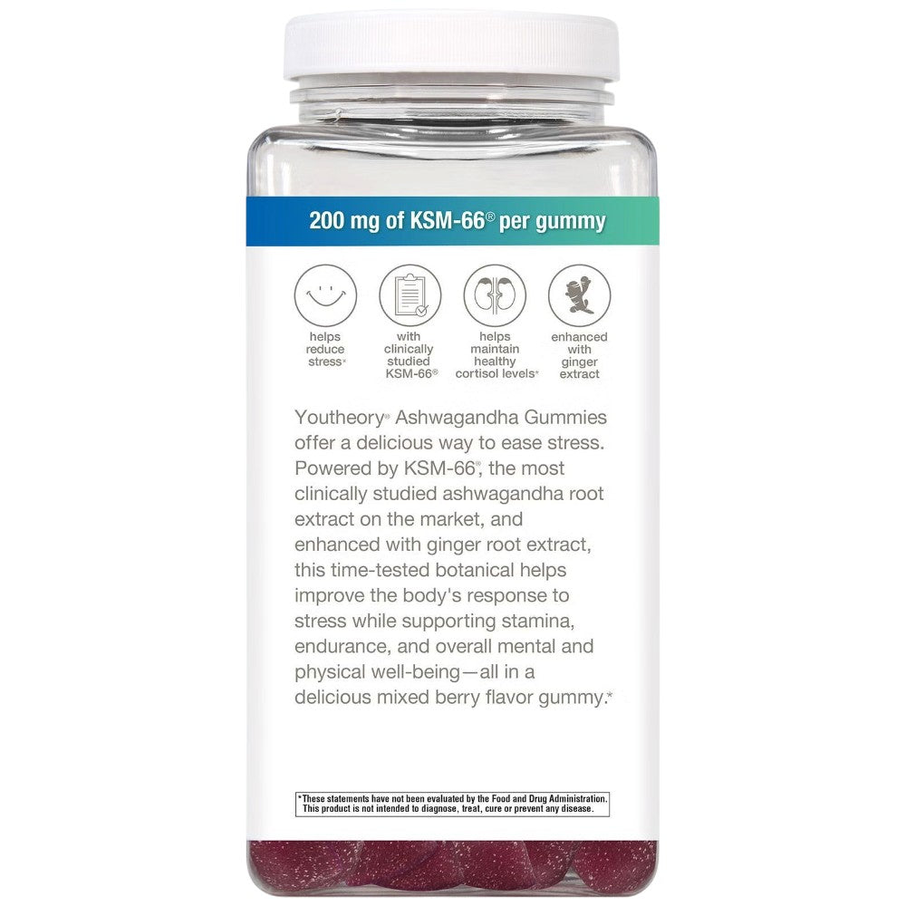 Youtheory Ashwagandha KSM-66 mixed berry flavoured gummies 200mg 180 count bottle product information