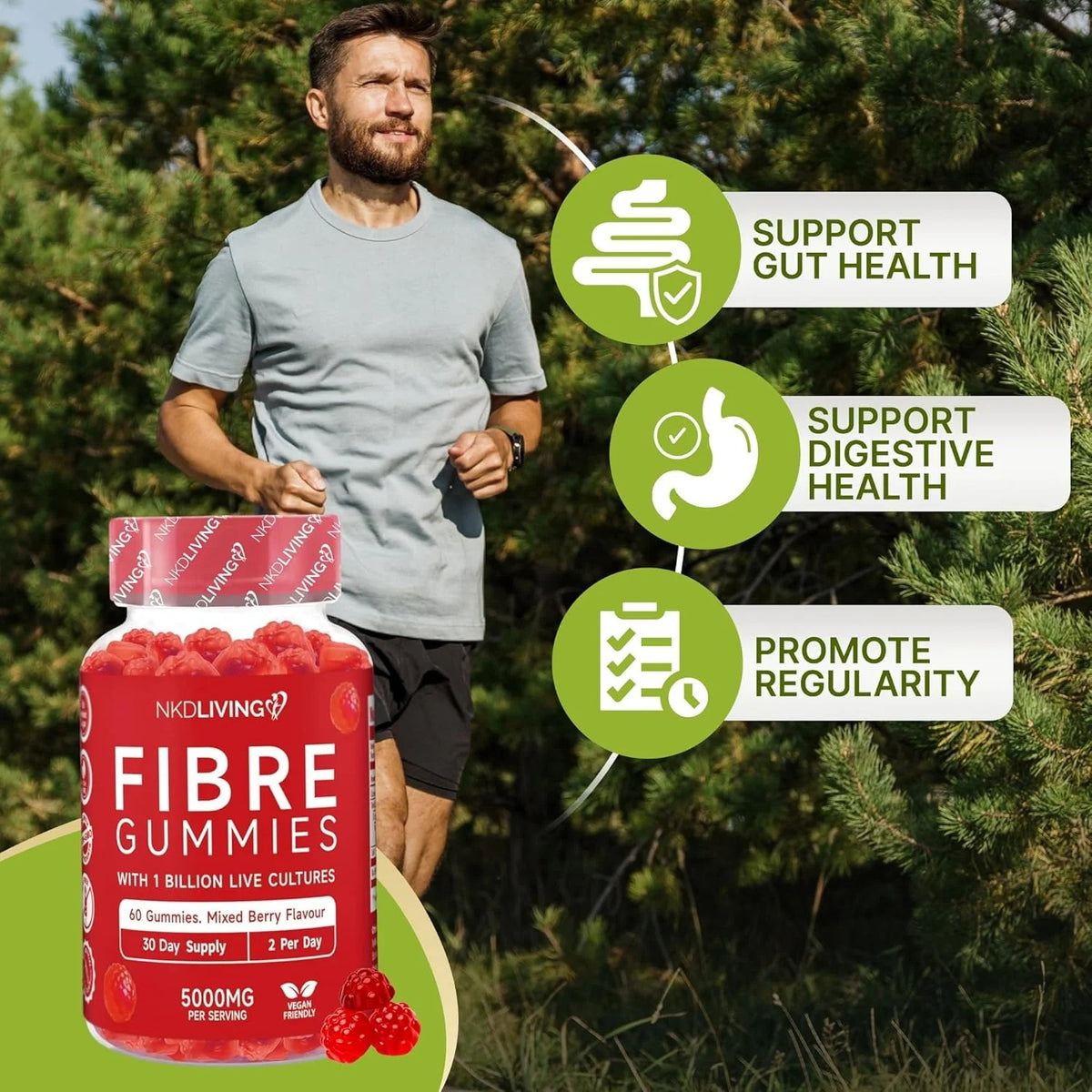 NKD Living Inulin Fibre Gummies Mixed Berry resealable pouch 60 gummies lifestyle use