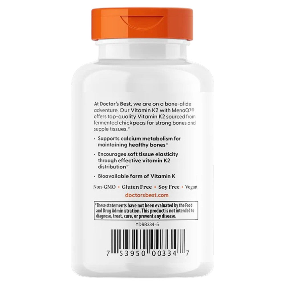 Doctor's Best Natural Vitamin K2 MK-7 MenaQ7, bottle packaging, no flavour, 100mcg, 60 veggie capsules, barcode