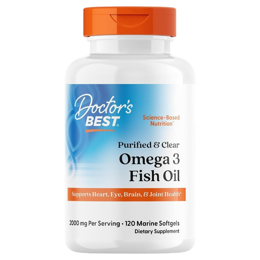 Doctor's Best Purified & Clear Omega 3 Fish Oil, bottle packaging, no flavour, 2000mg, 120 marine softgels