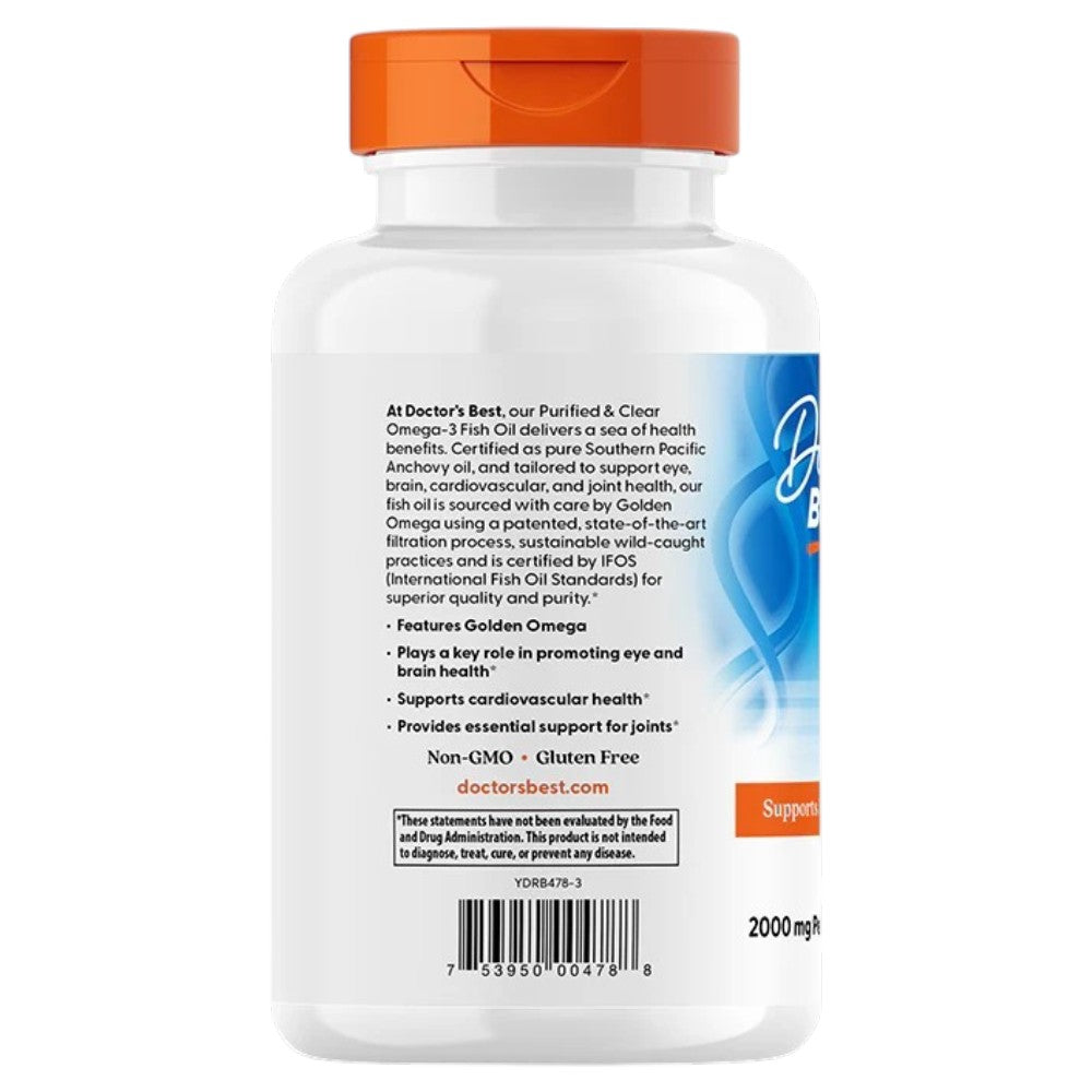 Doctor's Best Purified & Clear Omega 3 Fish Oil, bottle packaging, no flavour, 2000mg, 120 marine softgels, barcode