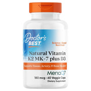 Doctor's Best Natural Vitamin K2 MK-7 plus D3, bottle packaging, unflavoured, 180mcg, 60 veggie capsules