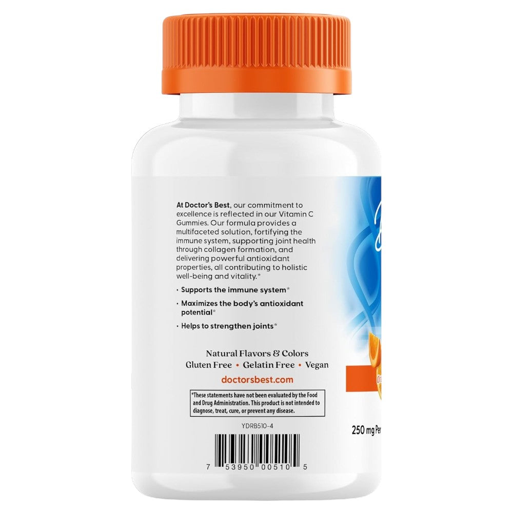 Doctor's Best Vitamin C Gummies, bottle packaging, Orange Bliss flavour, 250mg, 120 natural fruit pectin gummies, barcode