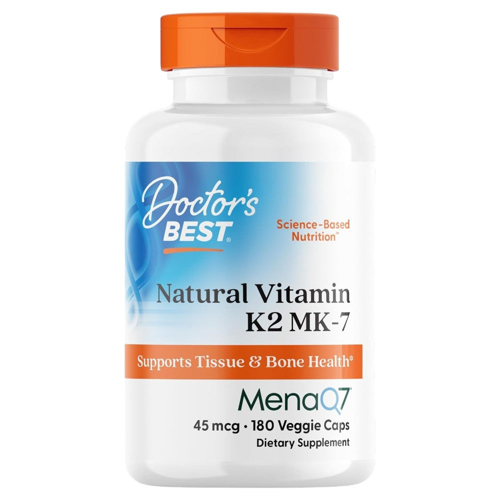 Doctor's Best Natural Vitamin K2 MK-7 with MenaQ7, bottle packaging, unflavoured, 45mcg, 180 veggie capsules