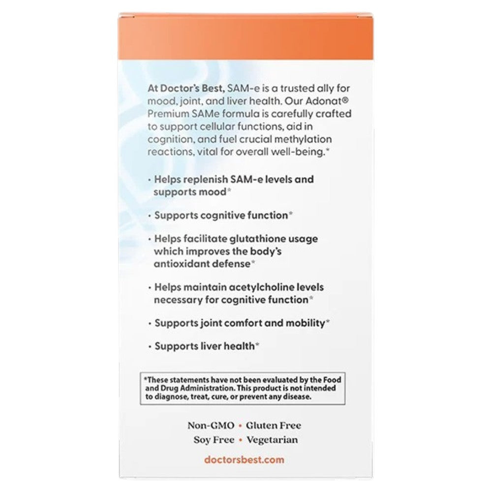 Doctor's Best Double-Strength SAM-e, bottle packaging, no flavour, 400mg, 60 enteric-coated tablets, supplement facts and ingredients