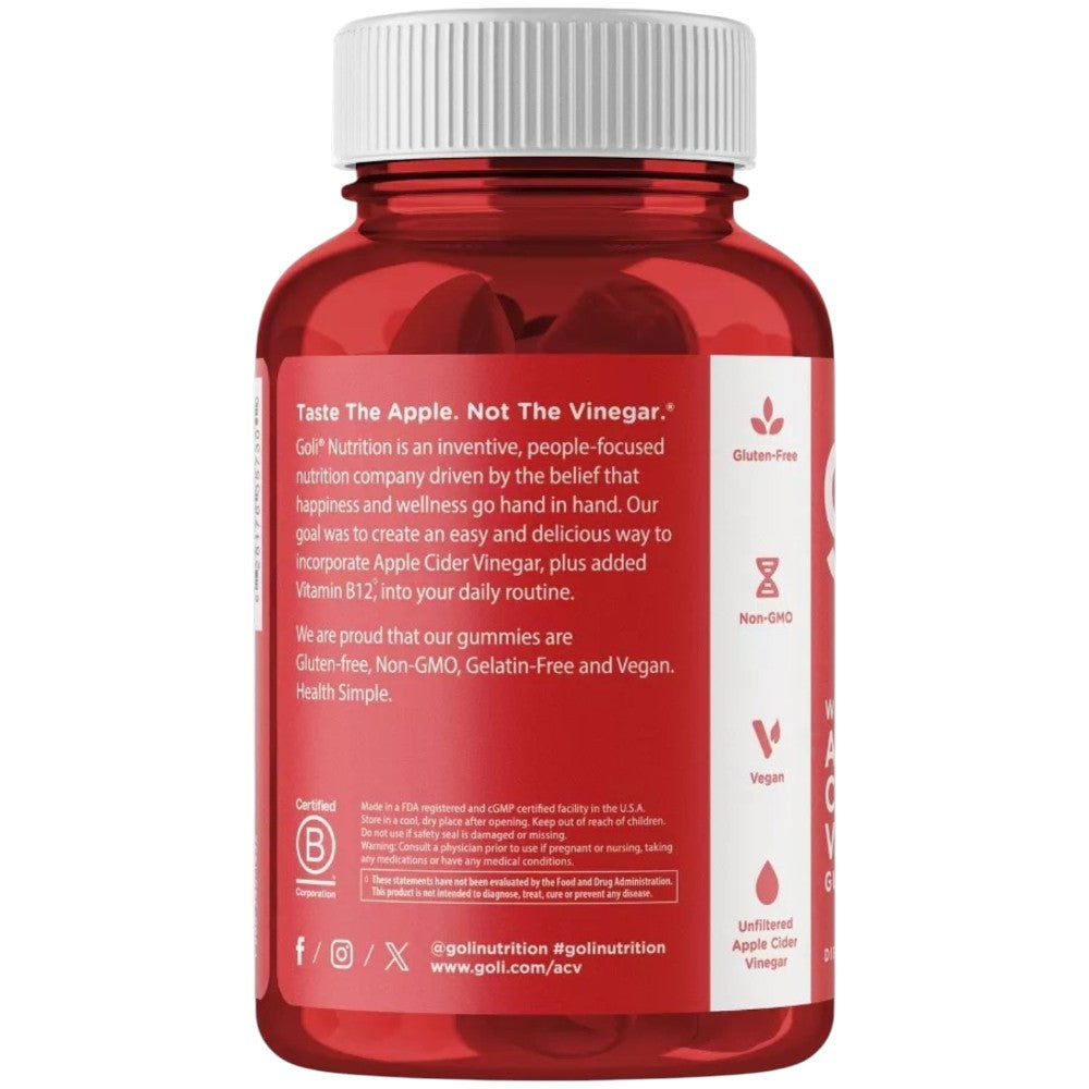 Back Image: Goli Nutrition Apple Cider Vinegar Gummies apple flavour bottle 120 count product information