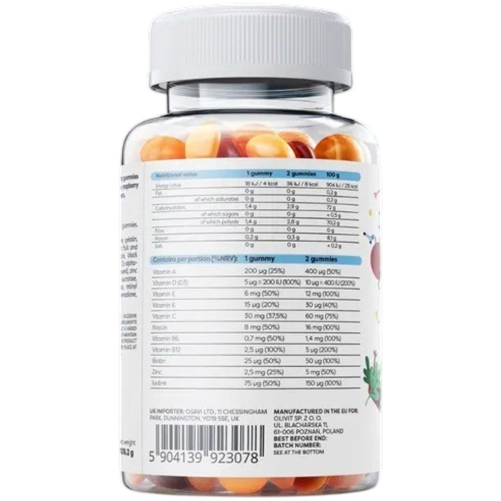 Osavi Vital Kids Multivitamin Gummies orange raspberry lemon flavoured 60 count ingredients and supplement facts & barcode
