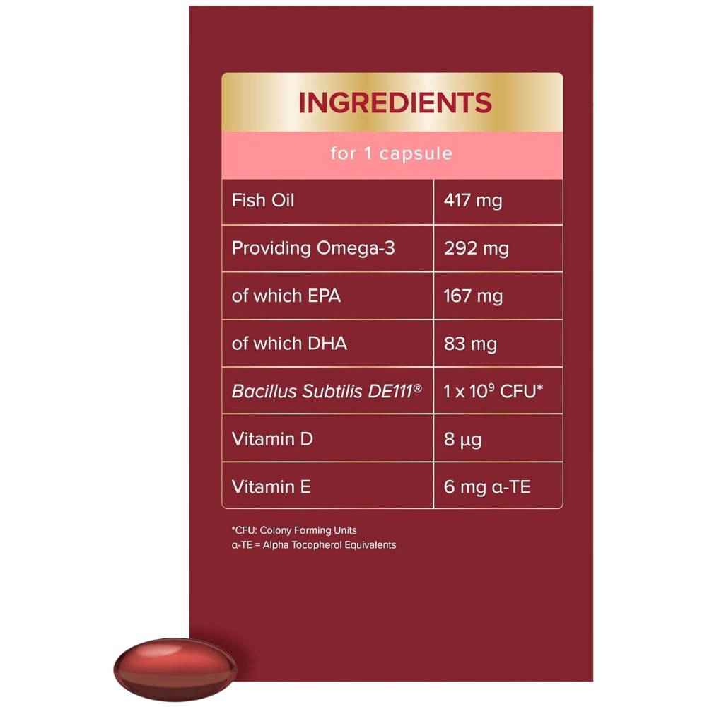 Seven Seas Omega-3 and Gut Friendly Bacteria no flavour capsules 30 count ingredients and supplement facts