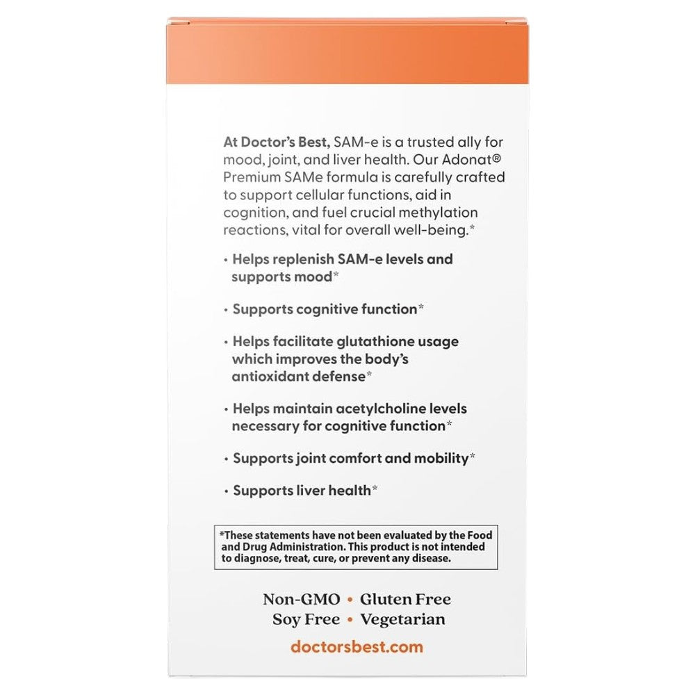 Doctor's Best SAM-e 200mg, carton packaging, unflavoured, 60 enteric-coated tablets, supplement facts and ingredients