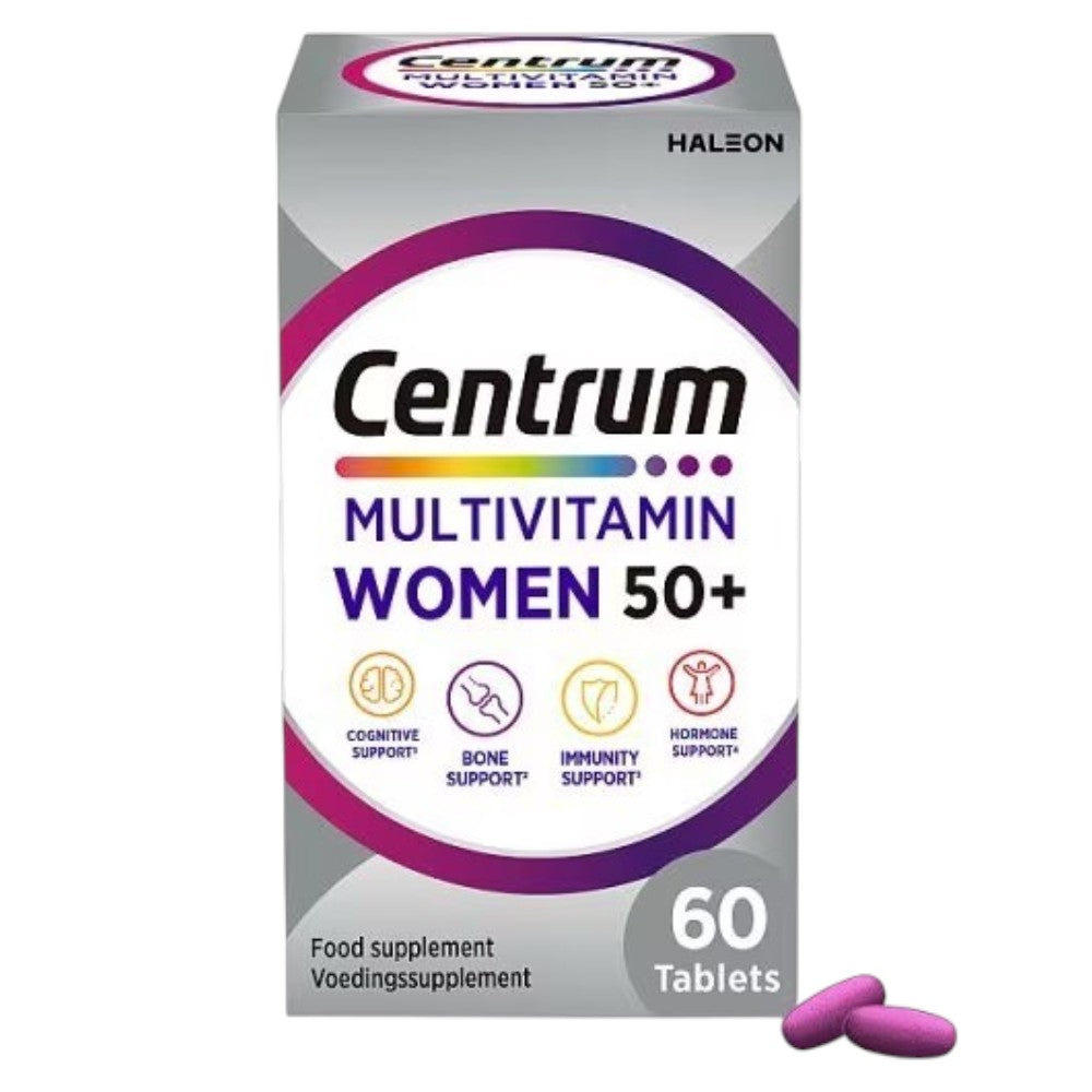 Centrum Women 50+ Multivitamin & Minerals, tablet bottle and carton packaging, 60 tablets