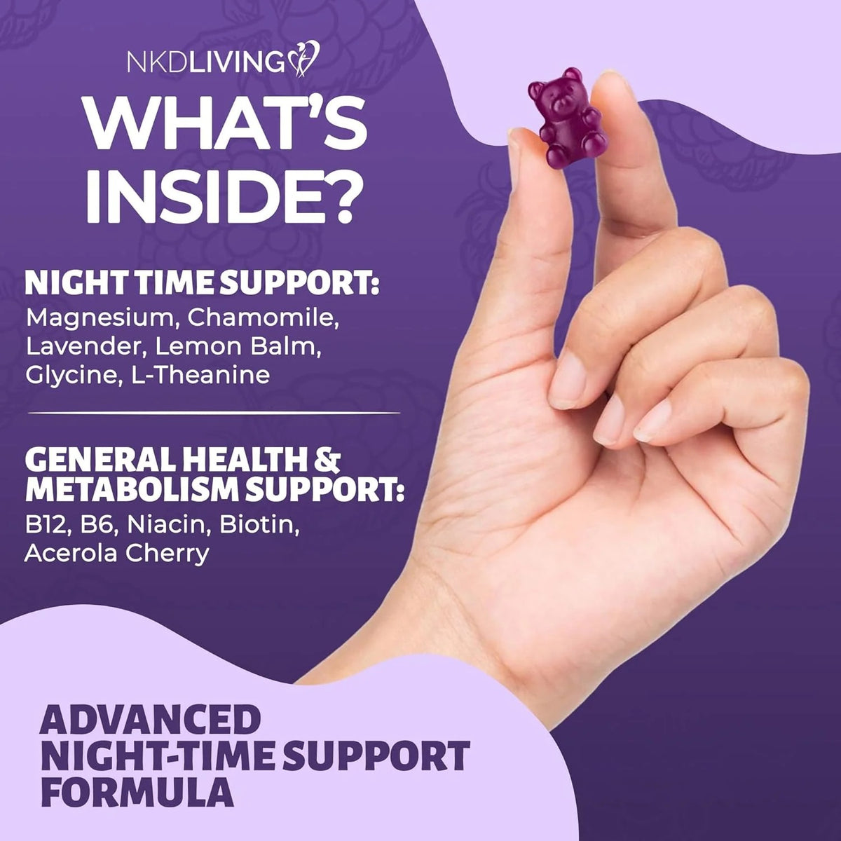 NKD Living Kids Night-Time Gummies Raspberry flavoured gummy pouch 60 gummies supplement facts and ingredients