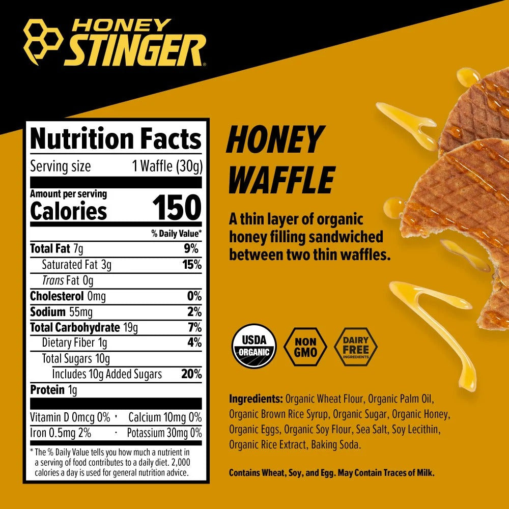 Honey Stinger Organic Honey Waffle snack, honey flavour, 30g single-serving wrapper, ingredients information