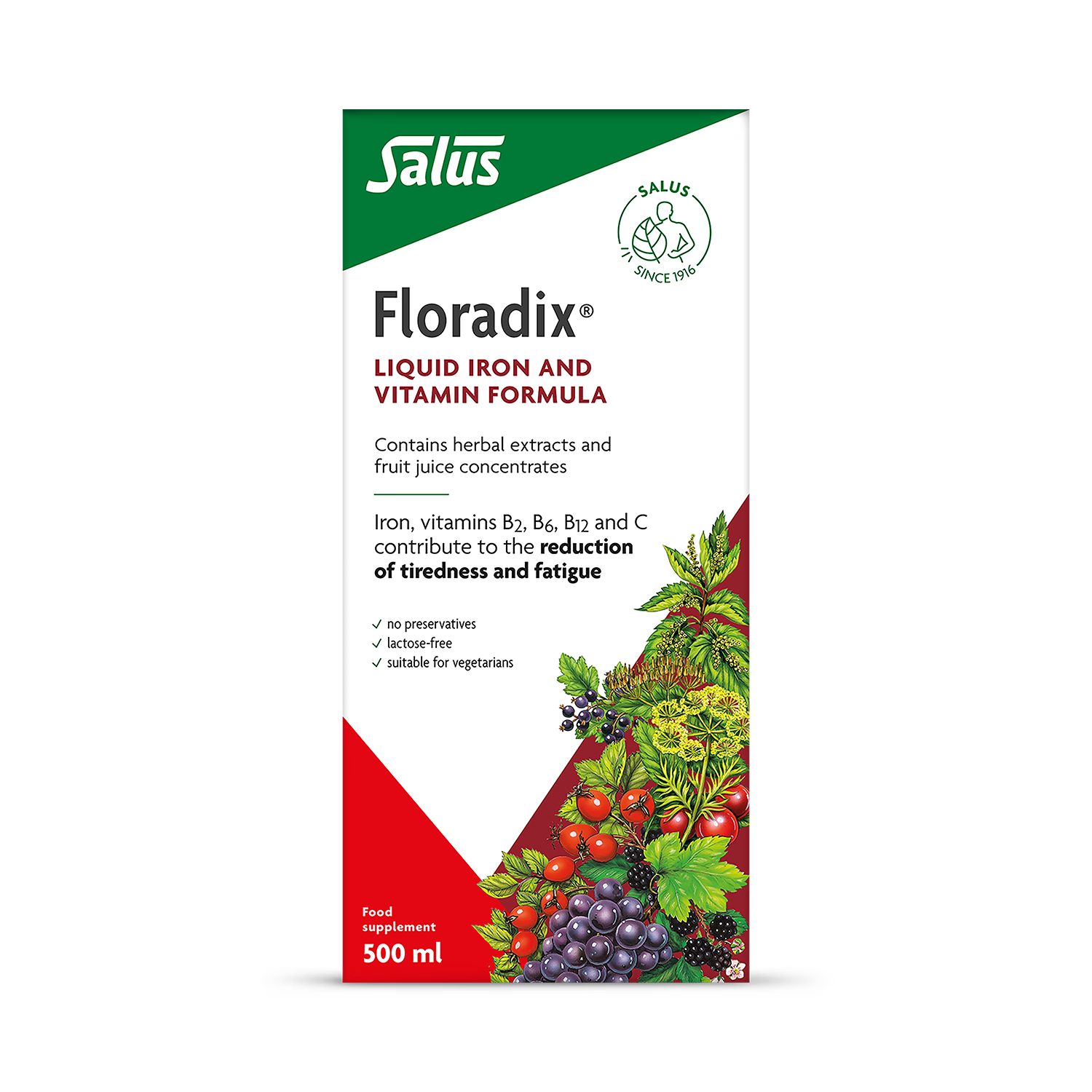 Floradix Liquid Iron & Vitamin Formula 500ml box, vegetarian.