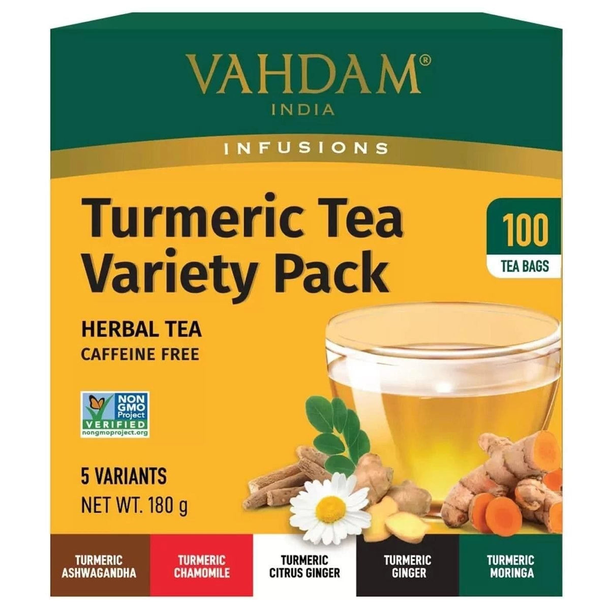 Vahdam India Turmeric Tea Variety Pack, box packaging, herbal tea varieties, 100 tea bags, 180g