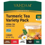 Vahdam India Turmeric Tea Variety Pack, box packaging, herbal tea varieties, 100 tea bags, 180g
